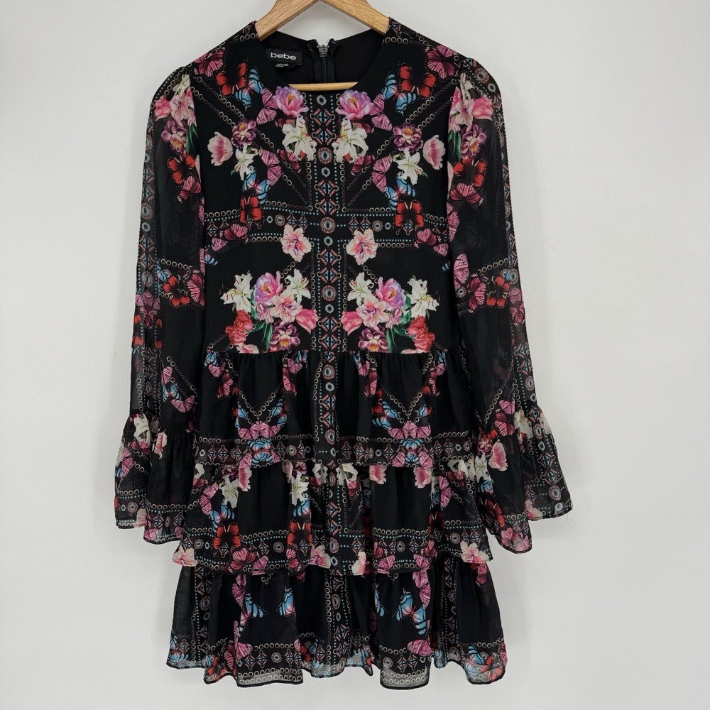 Bebe Bell Sleeve Dress Women's Small Black‎ Pink Floral Chiffon Clara Ruffle